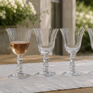 Op de afbeelding: Een set van vijf heldere glazen kelken met geribbelde kommen en decoratieve kralenstelen, opgesteld in een rij. De eerste kelk aan de linkerkant bevat een kleine hoeveelheid lichtroze vloeistof en rechts staat een heldere glazen fles.