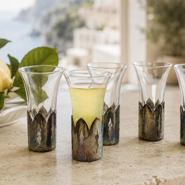 Vintage Liqueur Glasses Set of 5, Silver Plated Shot Glasses, Cordial Glasses, Mid Century Barware