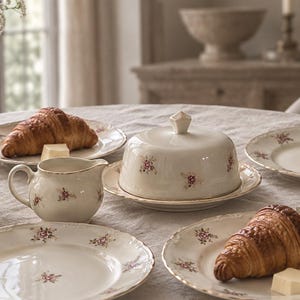 Può includere: Una burriera in ceramica color crema con coperchio, caratterizzata da un delicato motivo floreale di piccole rose rosa e foglie verdi. Il set include piatti abbinati e una piccola lattiera, tutti decorati con lo stesso motivo floreale e bordo oro.