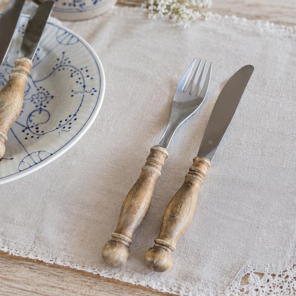 Vintage WMF Burgund Cutlery Set, Wood Handle Forks & Knives, German Cromargan Flatware