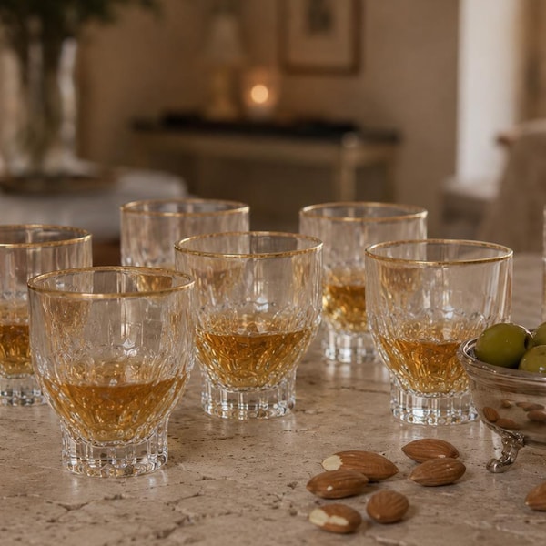 Vintage French Shot Glasses – Set of 6 Gold Rim Liqueur Glasses – Clear Pressed Glass – Mid Century Barware France