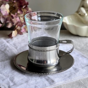 Vintage Duralex France Glass Tumbler with Metal Holder & Saucer – Mid Century Modern