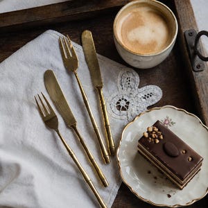 Vintage Brass Bamboo Dessert Cutlery, Gold Fork Knife Set, Mid Century Tableware, Tea Party Serving, European Flatware