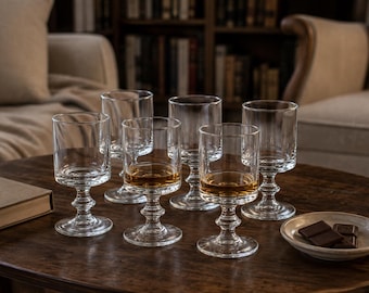 May include: A set of six clear glass goblets with a short, tiered stem and a wide circular base. Two of the glasses are partially filled with an amber-colored liquid, while the others are empty. The glasses feature a smooth, cylindrical bowl.