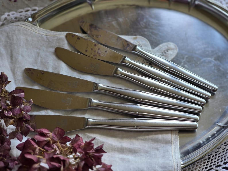 Pode incluir: Uma cole&ccedil;&atilde;o de seis facas de jantar vintage em a&ccedil;o inoxid&aacute;vel dispostas numa bandeja de servir prateada. As facas t&ecirc;m um design simples e elegante com l&acirc;minas arredondadas e cabos detalhados. A bandeja repousa sobre um pano de linho branco, com flores roxas secas.
