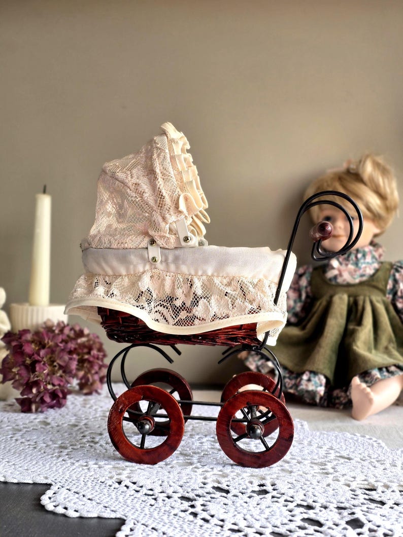 Prams Display Vintage Doll Pram, Miniature Baby Carriage, Wicker Doll Pram, Lace ...