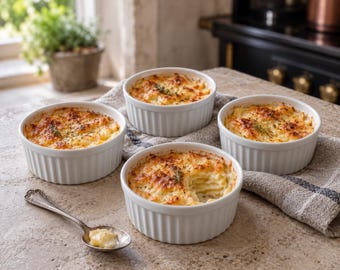 May include: Four white ceramic ramekins filled with a golden-brown baked potato gratin, each featuring vertical fluted sides. A small silver spoon rests nearby, containing a portion of the creamy, layered potato dish topped with fresh herbs.