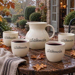 May include: A cream-colored ceramic pitcher and four matching mugs, each featuring the word Glühwein in black script. The pitcher has a curved handle and a pouring spout. The mugs are filled with a dark red liquid, arranged on a wooden surface.