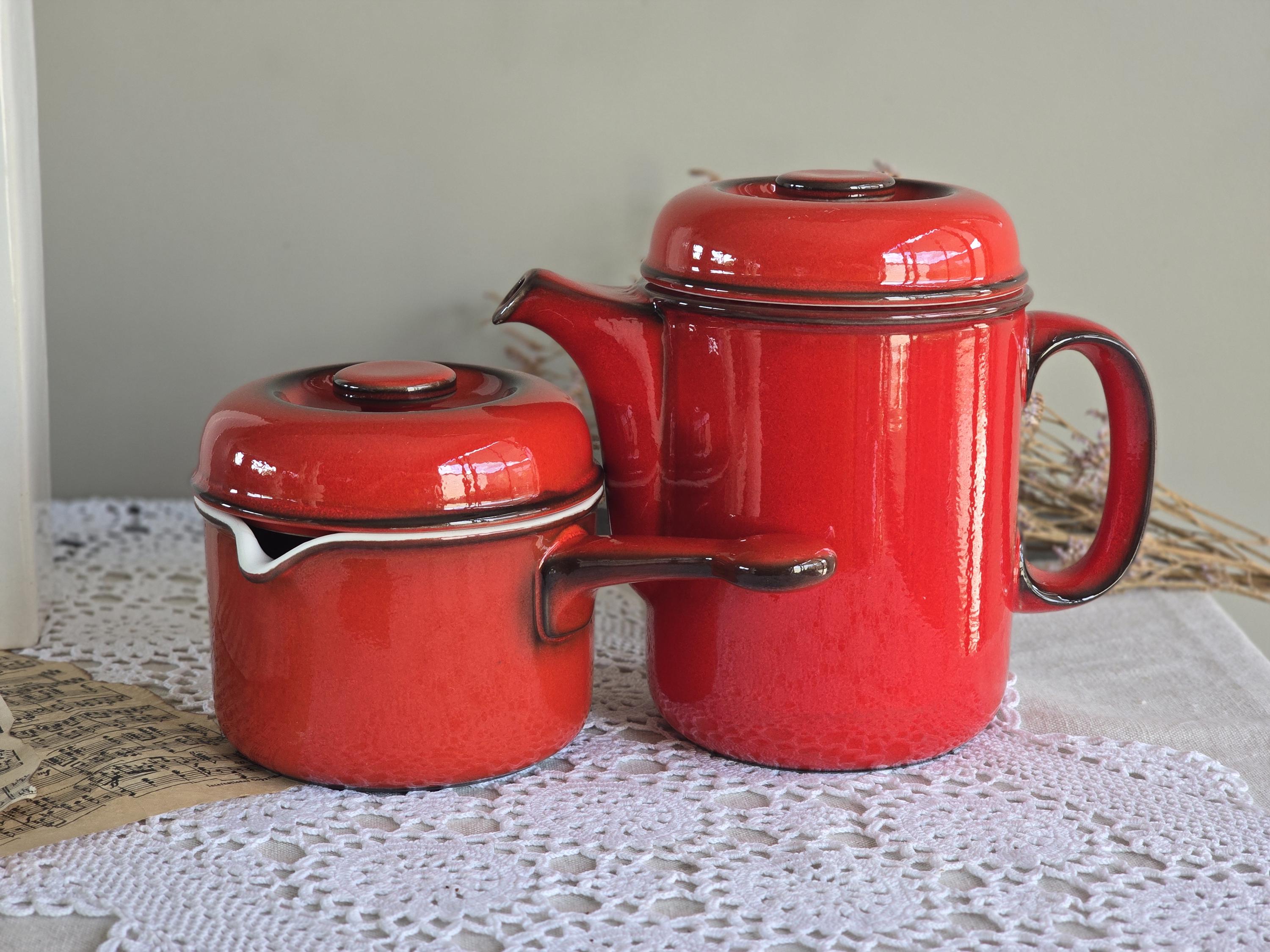 Vintage Red Coffee Pot & Saucepan Set, Thomas Flammfest Germany