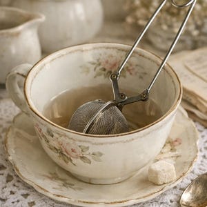 Peut inclure: Une boule à thé en maille d'acier inoxydable avec un long manche et un mécanisme à ressort, reposant dans une tasse à thé en céramique crème ornée de motifs floraux roses, accompagnée d'un morceau de sucre blanc sur la soucoupe assortie.