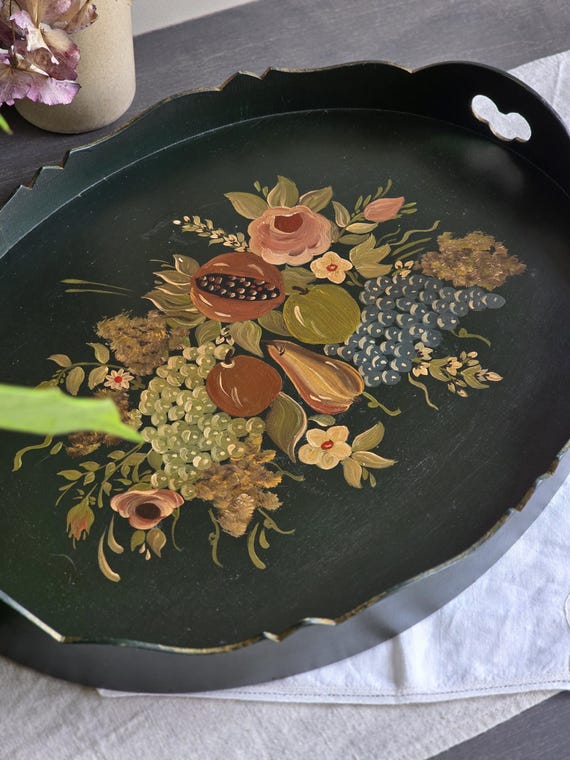 Exquisite Vintage Hand-painted Wooden Serving Tray With Floral 