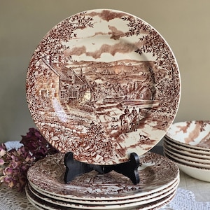 Piatti da portata vintage Broadhurst Village – Set da 6 – Piatti da portata in porcellana marrone inglese – Piatti da campagna da 25 cm