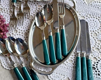 Conjunto de talheres Scof France Cambridge Green para 4 pessoas – Talheres franceses vintage, 16 peças – Utensílios de mesa dos anos 1960