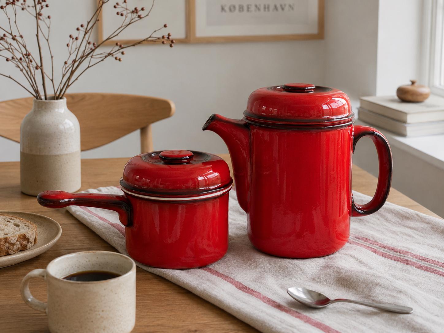 Vintage Red Coffee Pot & Saucepan Set, Thomas Flammfest Germany