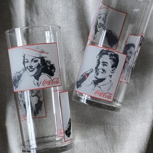 Vintage Coca-Cola Glasses, Set of 2, 1950s Color Illustrations, Retro Barware, Collector&#39;s Glassware, Coca-Cola Memorabilia