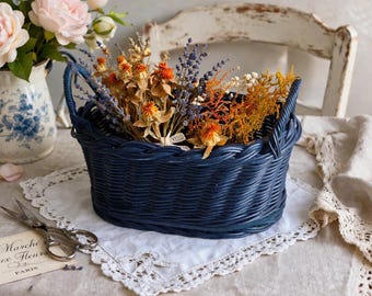Vintage Blue Woven Oval Basket with Handles – French Cottagecore Storage & Decor