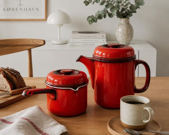 Vintage Red Coffee Pot & Saucepan Set, Thomas Flammfest Germany