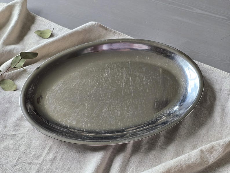 Vintage Serving Tray, Oval Stainless Steel Platter, Reppel Belgium Barware, Silver Tone Serving Piece, Coffee Service Tray, 36.5x25 cm image 4