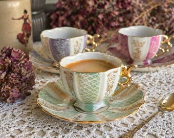 Vintage Tea Cups Set, Noritake Novex Japan, Demitasse Espresso Cups and Saucers, Gold Trim Porcelain, Pastel Mismatched Set, 3 Cups