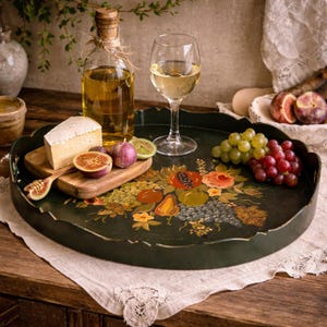 Exquisite Vintage Hand-Painted Wooden Serving Tray with Floral & Fruit Motif, Artisan Vintage Wooden Tray
