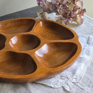 Vintage Teak Wood Snack Tray – 6-Compartment Round Serving Dish – Mid-Century Hostess Gift – Danish Style 1960s