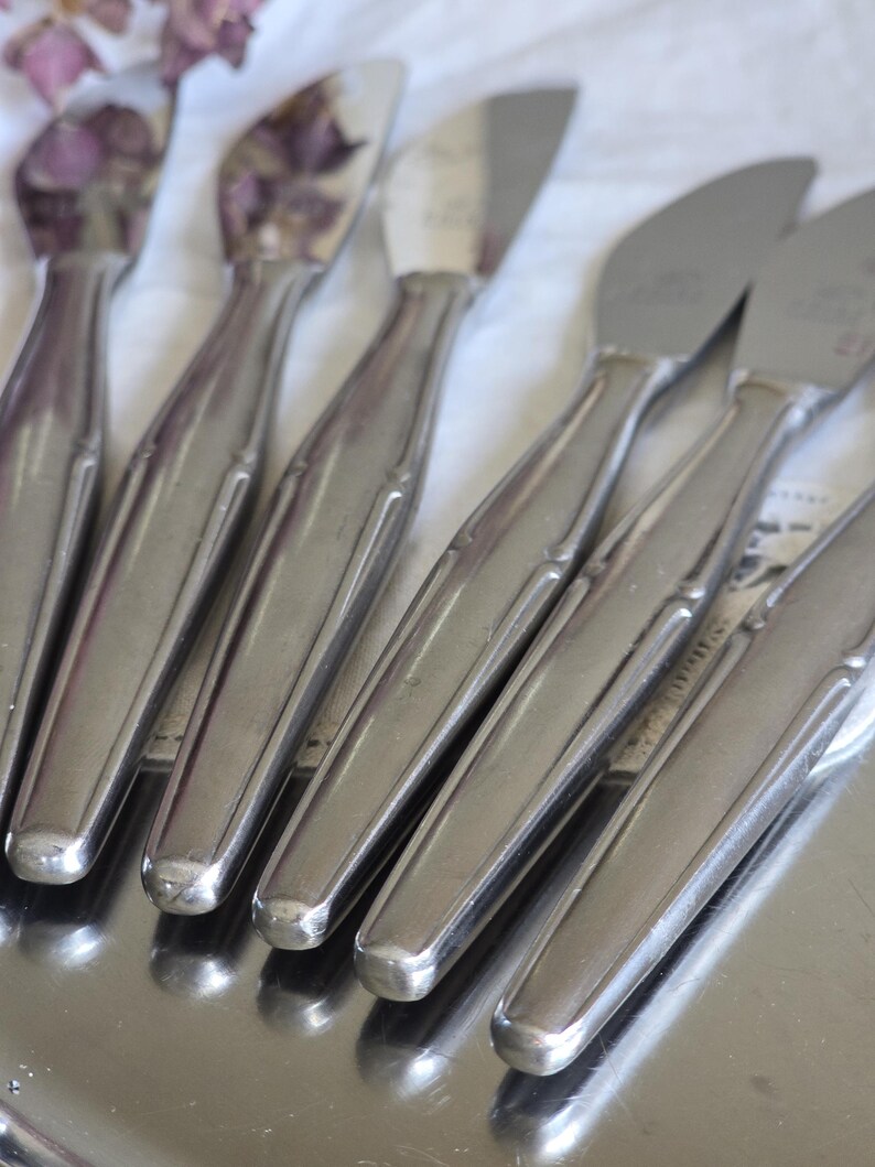 Pode incluir: Um conjunto de facas de manteiga em a&ccedil;o inoxid&aacute;vel dispostas numa bandeja prateada. As facas t&ecirc;m l&acirc;minas curvas e cabos arredondados. A imagem &eacute; tirada de um &acirc;ngulo ligeiramente elevado, destacando as superf&iacute;cies refletoras.