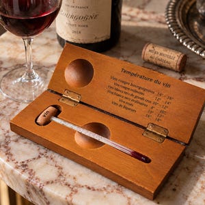 Pode incluir: Um estojo de madeira para termómetro de vinho com tampa articulada, apresentando um guia de temperatura impresso para vários vinhos. No interior, um termómetro de vidro com uma rolha de cortiça rotulada 'vin' repousa numa ranhura.