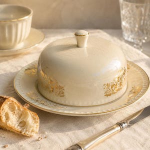 May include: A cream-coloured ceramic butter dish with a domed lid and a matching plate. The set features a delicate gold floral pattern around the base of the lid and the rim of the plate, with a small gold-trimmed knob on top of the lid.