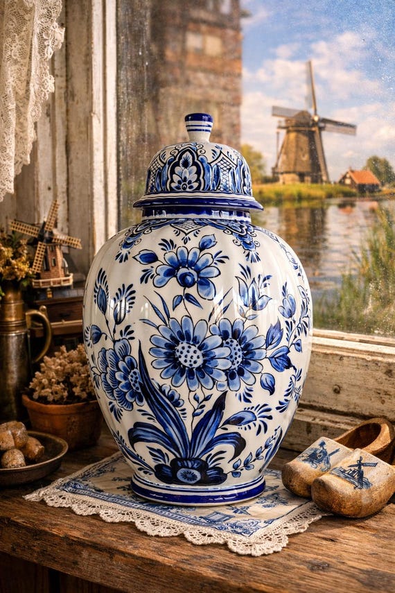 Large Dutch Delft Ginger Jar Vase – Hand Painted Blue & White