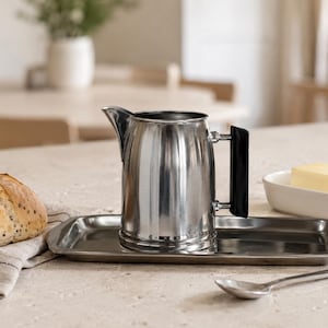 May include: A polished stainless steel pitcher with a black handle sits on a matching rectangular metal tray. The pitcher features a classic pouring spout and a cylindrical body, providing a functional design for serving liquids in a kitchen setting.