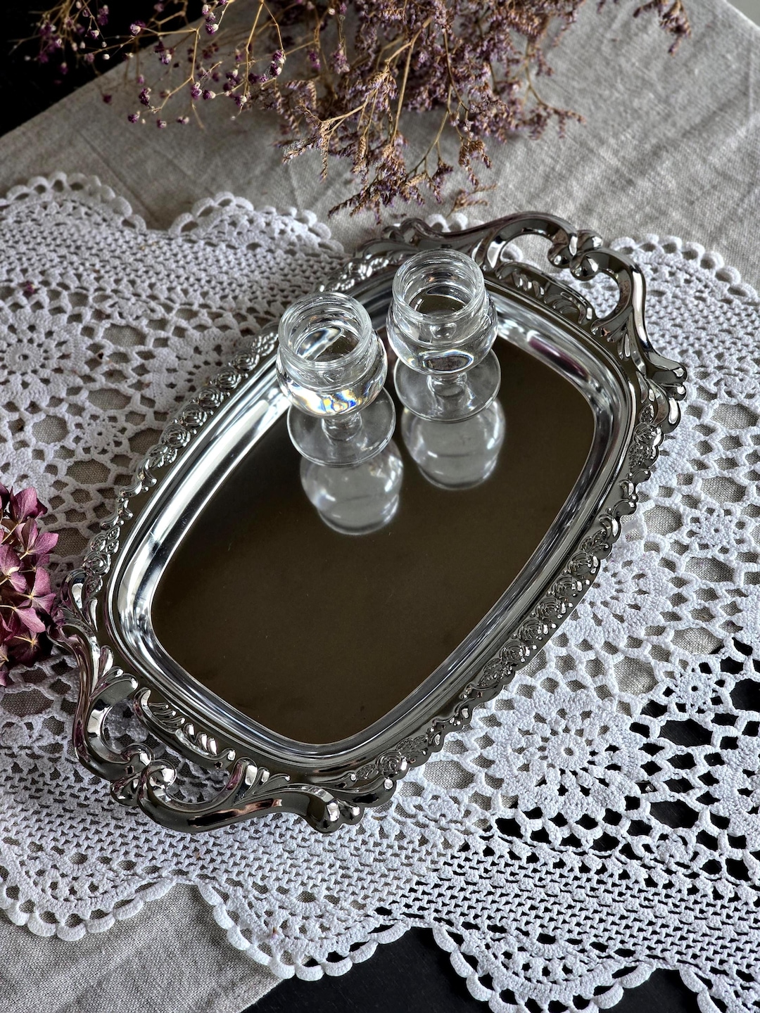 Vintage Metal Serving Tray with Handles, Ornate Baroque Style Silver Tone Tray 30 cm, Decorative Coffee Tray, European Vintage