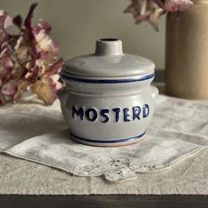Vintage Dutch &quot;MOSTERD&quot; Stoneware Mustard Pot with Lid, Rustic Kitchen Decor, Antique Stoneware Jar, Blue Band Dutch Kitchenware
