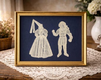 Vintage Belgian Bobbin Lace Artwork – Framed Needlepoint Scene with Figures – Handmade Flemish Textile Wall Art