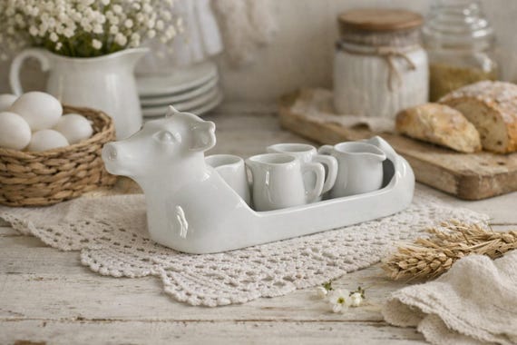 Kutschenreuther Bavaria Mini Milchkännchen Set mit Porzellan Kuh Butterdose - Vintage weißes Bauernhaus Geschirr