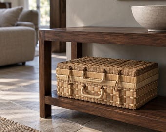 May include: A rectangular storage chest crafted from woven natural fibers, featuring a two-tone design with a dark brown top and a lighter tan base. The chest includes two integrated handles on the front and a secure lid, resting on a dark wood console.