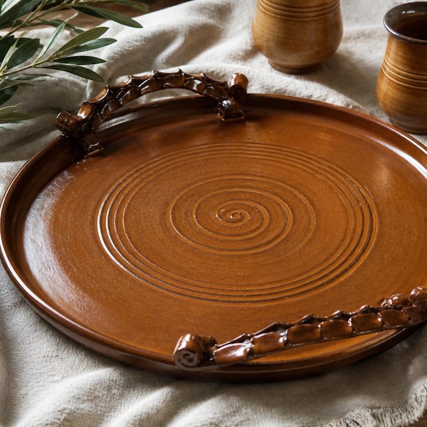 Round Serving Tray Large, Handmade Terracotta Tray with Handles, Rustic Ceramic Tray, Mediterranean Kitchen Decor