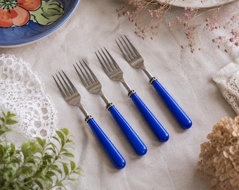 Vintage gafflar med blått handtag, set om 4, retro blå bestick, köksbestick från mitten av århundradet, fransk bistrostil