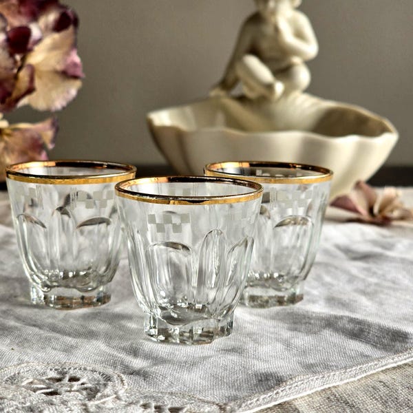 Set of 3 Vintage Crystal Liqueur/Vodka Glasses with Gold Rim – French Mid Century Modern, Collectible Shot Glasses