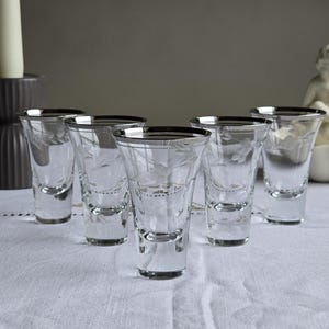 Vintage Etched Liqueur Glasses – Silver Rim – Floral Design – Set of 5. Retro vodka glasses. Aperitif glasses