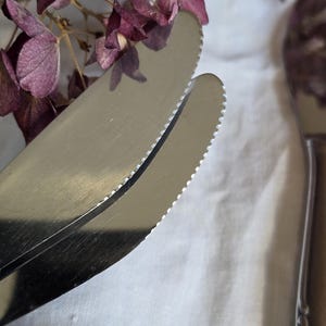 Pode incluir: Close-up de duas facas serrilhadas de a&ccedil;o inoxid&aacute;vel com uma superf&iacute;cie refletora. As facas s&atilde;o posicionadas contra um fundo branco, com flores roxas secas no canto superior esquerdo. As facas s&atilde;o para cortar alimentos.