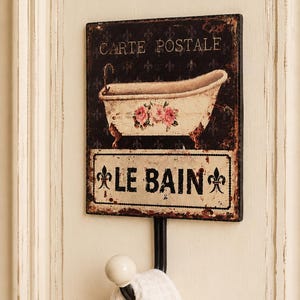 Patère murale vintage pour salle de bain Le Bain, patère porte-serviettes en métal avec bouton en céramique, décoration de salle de bain shabby chic, 21 cm
