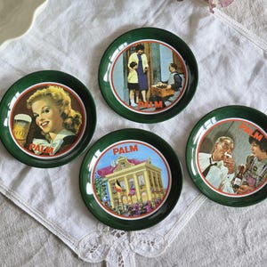 Set of 4 Vintage Palm Beer Metal Coasters | Green Brewery Memorabilia | Authentic Belgian Beer Themed Coasters | Unique Beer Lover Gift |
