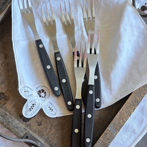 Set of 6 Vintage Imhoff Qualitat Maybah 3-Tine Forks with Black Handles.  Old  Imhoff Qualitat  3-Tine Forks with Black Handles