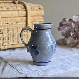 Vintage German Salt Glazed Stoneware Pitcher – 0.25L – Cobalt Blue Design – Rustic Decor – Farmhouse Kitchen
