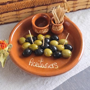 Vintage Spanish Olive Plate with Pit Bowl & Toothpick Holder – Hand-Painted Earthenware Dish – Tapas Serving Plate – Rustic Kitchen Decor