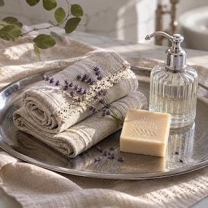 May include: A round silver tray holds two folded beige linen towels with lace trim, a clear glass soap dispenser with a silver pump, and a rectangular bar of Savon de Marseille soap embossed with text and a sprig of dried purple lavender.