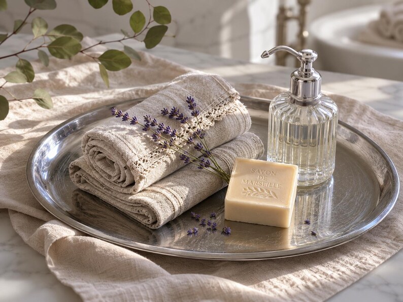 May include: A round silver tray holds two folded beige linen towels with lace trim, a clear glass soap dispenser with a silver pump, and a rectangular bar of Savon de Marseille soap embossed with text and a sprig of dried purple lavender.