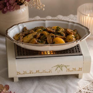 Peut inclure: Un chauffe-plat blanc et doré avec un motif floral, contenant un plat ovale blanc rempli de champignons et de pommes de terre cuits. Le plat a un bord doré. Fleurs séchées et bougie en arrière-plan.