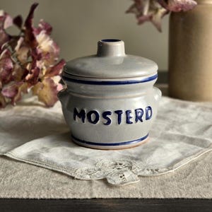 Vintage Stoneware Jar with Lid, Dutch Mustard Pot MOSTERD, Ceramic Kitchen Storage Jar, Blue Band Pottery, Rustic Decor