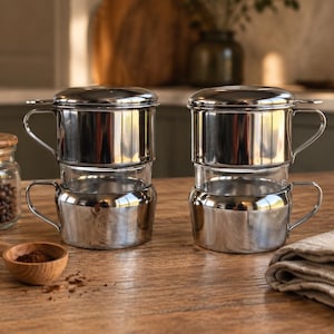 以下が含まれることがあります： ステンレス製のベトナムコーヒーフィルター2個セット。それぞれハンドルと蓋付きの金属製チャンバーで構成され、金属ベースのガラスカップの上に置かれています。光沢のあるシルバー仕上げと円筒形のデザインが特徴です。